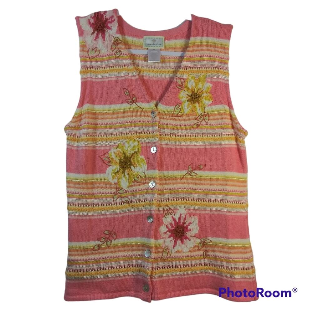 Vintage Susan Bristol Pink Stripe Embroidered Floral Sweater Vest Size M